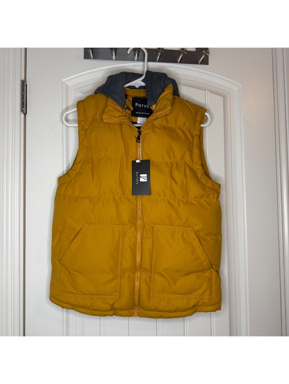 NWT Pursky Kids Mustard Yellow Puffer Vest with Hood, Size 10-12 US
